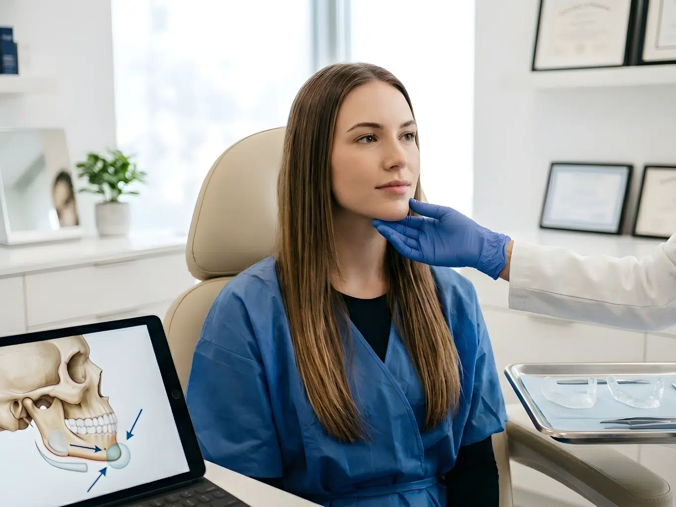 Young Female Patient Wearing Blue Scrubs Sitting in Clinic Chair