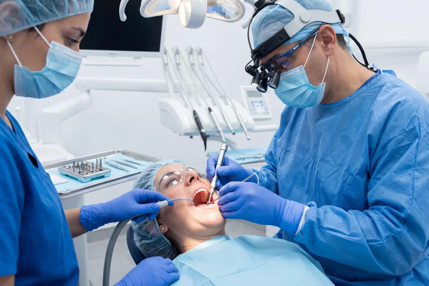 Dentist and assistant performing dental procedure in modern clinic